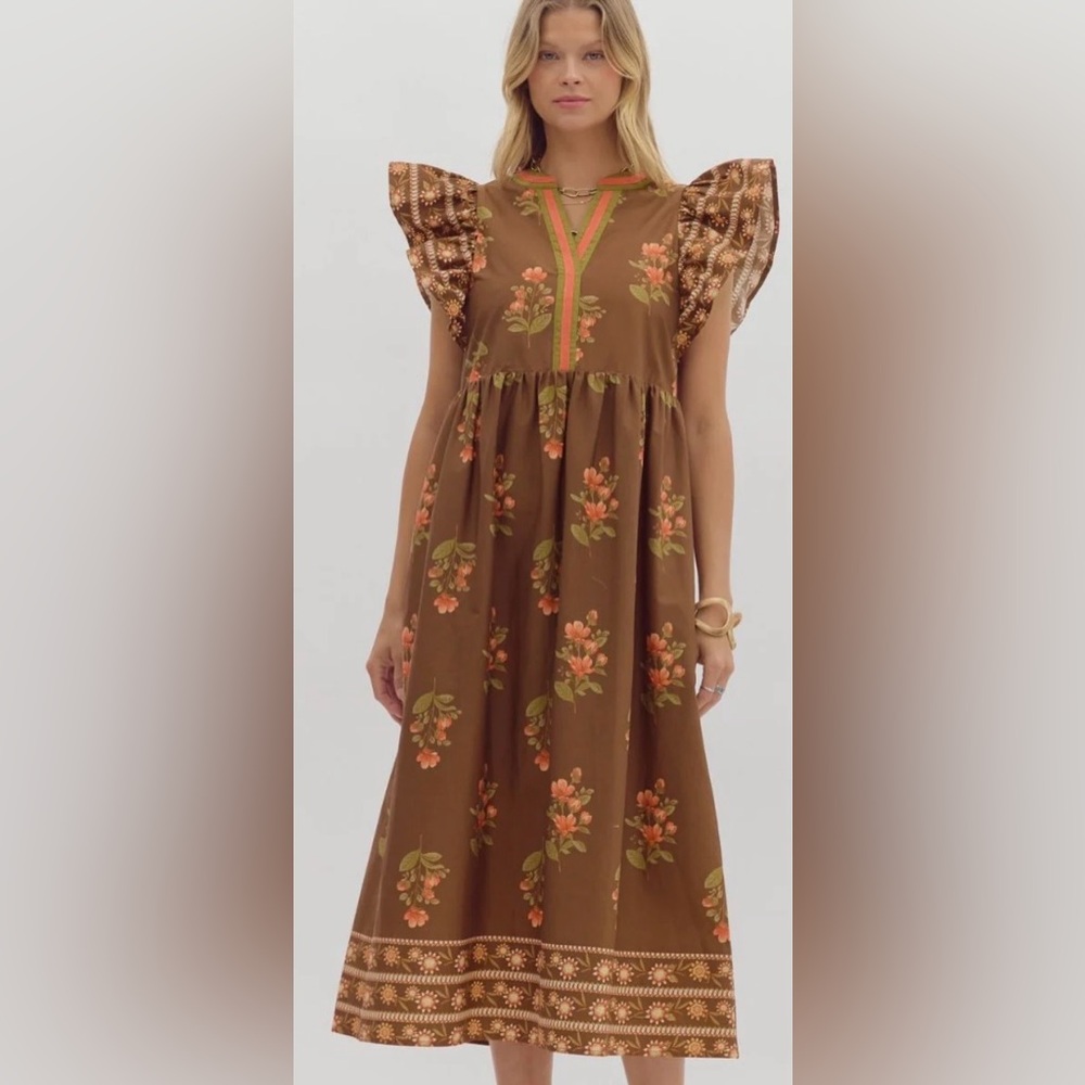 ENTRO Floral Midi Dress Medium Brown Pink flutter sleeve cottagecore boho